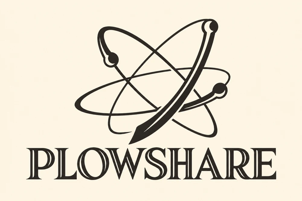 Plowshare atomic-orbit and ploughshare emblem above its period lettering